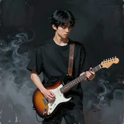a young korean man wearing black t shirt holding an electric guitar!!, dark background, huge brush strokes, dramatic smoke everywhere, matte colors, dramatic brush strokes, abstract, trending on artstation