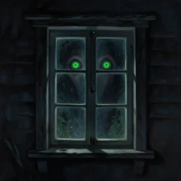cottage window at night seen from inside, green eyes outside the window, creepy, horror, illustration, fantasy horror, artstation, deviantart, 4 k, realistic lighting, unreal engine, night, oil painting, pitch dark outside the window