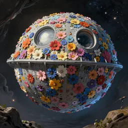 An epic fantastic realism comic book style painting of the Death Star made of the most beautiful flowers, fisheye lens, unreal 5, DAZ, hyperrealistic, octane render, dynamic lighting