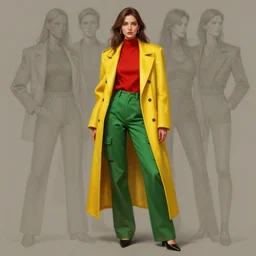 digital painting of beautiful woman wearing a red top, green cargo pants, long tailored yellow coat by artgerm, thomas karpi, taras susak, artstation, intricated, detailed, full body shot