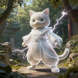 kawaii, dynamic brush strokes, linear gamma, dynamic, natural light, costume design made lightning, sophisticated composition, old masters light composition, procedural, epic cat posing conceptart, beautiful ancient garden behind, substancedesigner, pbr, ultra detailed, hyperrealistic, megascans, volumetric light, concept master, painttoolsai, final, gain
