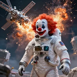 clown in a spacesuit looks at an exploding space station 13, 4k very detailed, artstation