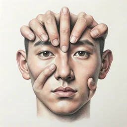drawing of a detailed and intricate arrangement hands and fingers that are in the shape of a face with nose eyes and ears
