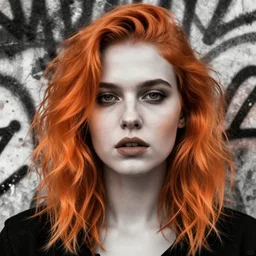 highly detailed closeup portrait of beautiful moody grace gummer as dom dipierro, wavy ginger hair, by atey ghailan, by greg rutkowski, by greg tocchini, by james gilleard, by joe fenton, by kaethe butcher, gradient orange, black and white color scheme, grunge aesthetic!!! ( ( graffiti tag wall background ) )