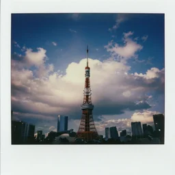 vintage polaroid analog photo of tokyo speirs, big clouds, sunlight, golden hour, warm azure tones, heavy lensflare, color bleed, film grain