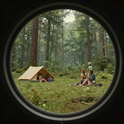 looking out a porthole car window to see two women camping, elegant scene, low angle, wide angle, indian forest, wide angle, cinematic, ultrarealistic, trending on artstation, cgsociety, highly detailed, color graded, rendered in unreal engine 4 k hq, matte painting, by simon stalenhag and hudson river school, horizon forbidden west