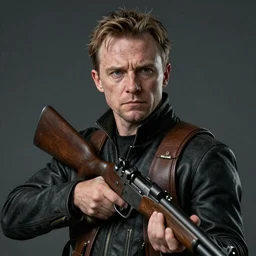 simon pegg with winchester - rifle portrait, horror core, apocalyptic, sharp focus, fiction, hyper detailed, digital art, trending in artstation, cinematic lighting, studio quality, smooth render, unreal engine 5 rendered, octane rendered, art style and nixeu and wlop and krenz cushart