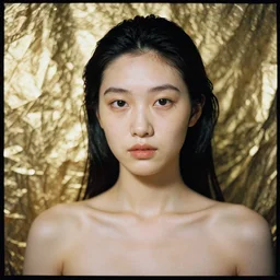 Hyper realistic portrait of a goddess ((gold fluid in the background)), Hyper realistic film photography by Yohji Yamamoto, Zeiss 50mm f2.8, Hasselblad, insanely detailed, sharp focus