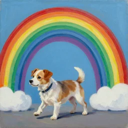 a little dog going on a rainbow, oil painting, post modern, hyperrealism