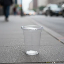 a plastic cup on the sidewalk of a big city, sigma 2 4 mm f / 8