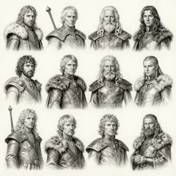 detailed pencil spot illustrations of various game of thrones characters, various poses, by burne hogarth, by bridgeman, by anthony ryder, by mucha, cgsociety, artstation.