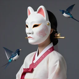 3 d goddess medium shot profile portrait. beautiful intricate highly detailed korean gumiho mask and traditional korean hanbok. stingray, magpie, bio luminescent, plasma, lava, ice, water, wind, creature, volumetric lighting, artwork by tooth wu and wlop and beeple and greg rutkowski, trending on artstation,