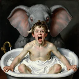 a boy like eraserhead and elephant man sitting in a tub full of whipped cream, looking straight into camera, screaming in desperation, by giuseppe arcimboldo and ambrosius benson, renaissance, fruit, intricate and intense oil paint, a touch of beksinski and hr giger and edward munch, realistic, rules of composition, headspace