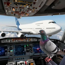 A pigeon in the cockpit of a Boeing 747, flying the plane, illustrated by Michael Sowa, but as photography