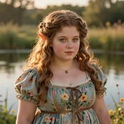 fantasy portrait of a cute dwarven woman wearing a floral dress by a pond, intricate, highly detailed face, chubby plump figure, beautiful, by gerald brom and william - adolphe bouguereau, golden hour
