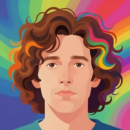 a colorful vibrant closeup portrait of a simple caucasian man with curly mid length brown hair with a calm aesthetic face and dreaming psychedelic rainbow hair, by kawase hasui, moebius, edward hopper and james gilleard, zdzislaw beksinski, steven outram colorful flat surreal design, hd, 8 k, artstation