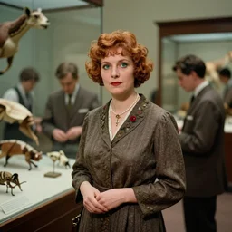 an image of a queen visiting the museum of nature in a medium full shot, vintage historical fantasy 1 9 3 0 s kodachrome slide russian and japanese mix, with tan skin, short, rippling cinnamon hair, and emerald eyes. she is photographed meeting members of staff that work at the museum.