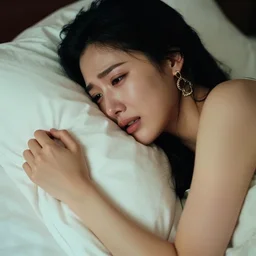 ultra high resolution photograph a beautiful young woman crying desperately on her bed. she is from north korea. right profile photo. her face is partially obscured by a pillow. she is holding pillow tightly in her hands. she is wearing make - up and expensive jewlery. the light is dim, and the colours are muted. kodak ektar 1 0 0.