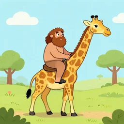 a neanderthal riding a giraffe, funny drawing, cartoon