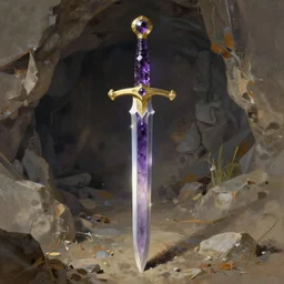 amethyst sword, cave background, by bruce pennington
