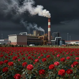 a beautiful painting of a factory with smoking chimneys, red rose fields, dark style, little roses, very detailed, soft light effect, stable pipeline, super wide, big scene, by thomas wrede and greg rutkowski and thomas heatherwick, 4 k hd, trending on artstation ， ultrawide viewn and highly detailed, ultrawide lens, very high detailed