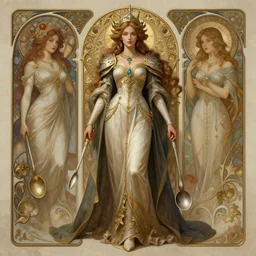 maiden of the spoons, elegant, epic, fantasy, full body shot, intricate, highly detailed, digital painting, artstation, concept art, matte, sharp focus, illustration, hearthstone, art by artgerm and greg rutkowski and alphonse mucha