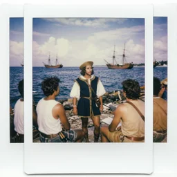 christopher columbus with his crew on the coast of cuba talking with the natives, ships are visible in the background, photograph of 1 4 9 2, polaroid