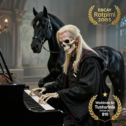 skeleton Draco Malfoy wizard playing piano with a black horse, surreal, mythical, midshot, camera photography award winning studio lighting