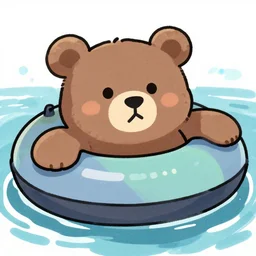 yeti relaxes on an inner tube on the ocean, bear face, color sketch, closeup