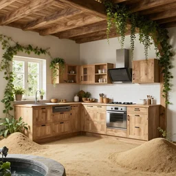 IKEA catalogue photo, high end farm house style kitchen, sand piled in corners, dust, organic, vines, wooden, overgrown, water feature, by Beksiński