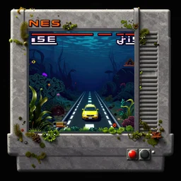 abandoned pause menu of a nes racing videogame, dark underwater racing level pov, pause menu interface is covered with algae because it's abandoned, unreal engine render 3 d