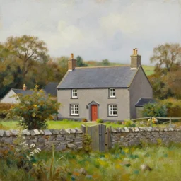 detailed realistic oil painting of a beautiful irish homestead in the countryside
