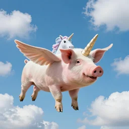 studio photograph of a flying pig with unicorn horn depicted as a muppet in a blue sky with cotton ball clouds