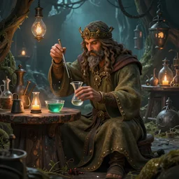 ancient vibrant druid brewing in his mystic laboratory, highly detailed digital art