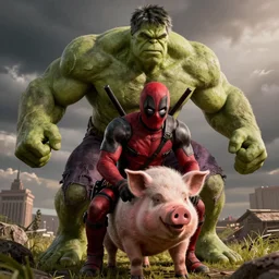 a photo of Deadpool taking a piggyback on the Hulk