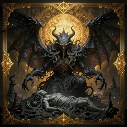 portrait of Cthulhu spreading his dark unholy wings rising form his eternal slumber in Rlyeh, in style of Doom, in style of Midjourney, insanely detailed and intricate, golden ratio, elegant, ornate, unfathomable horror, elite, ominous, haunting, matte painting, cinematic, cgsociety, James jean, Noah Bradley, Darius Zawadzki, vivid and vibrant