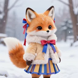 a cute anthropomorphic calico fox girl anthro wearing vibrant ribbons and a fluffy coat and striped skirt, winter park background, aesthetically complementary colors, scenic background, high definition photo
