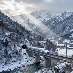 shinkansen on a bridge over a river, about to enter a tunnel in a mountainous landscape of snow capped peaks and it is currently snowing