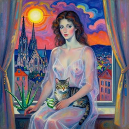 close portrait of woman in transparent vaporous night gown with cat and aloe vera, with city with gothic cathedral seen from a window frame with curtains. sun through the clouds, vivid iridescent psichedelic colors. agnes pelton, egon schiele, munch, henri de toulouse - lautrec, utamaro, monet