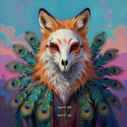 a photorealistic portrait of a being, long fluffy fox fur and ears, wearing a painted fox skull mask, clothes themed on a peacock mage with 9 feathered tails, painting by jeff easley, stylized, neon, vhs, 8 0 s, dnd beyond, chromal aberration, fae wilds sky