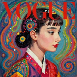 shaman, korean audrey hepburn, vogue magazine, elle magazine, instagram fashion, ilya kuvshinov, john singer sargent, trending on artstation, oil painting, psychedelic, side profile portrait, intricate