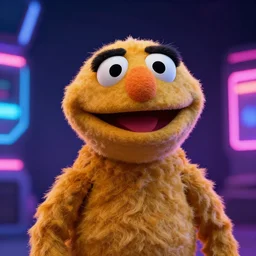 a fluffy muppet from the future, dramatic neon background lighting, inspired by jim henson muppets