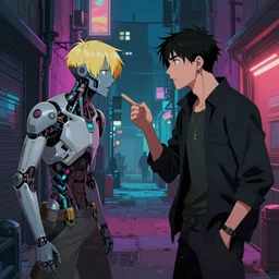 two people arguing, detailed digital illustration by matt zeilinger, cyberpunk back alley, nighttime, colorful lighting, android netrunner