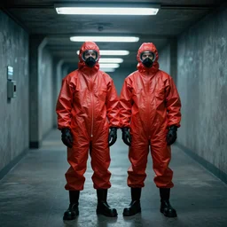 two scientists wearing red rick owens hazmat suits in a tunnel of fluorescent lights by frank frazetta