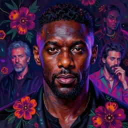 portrait of idris elba, hyper detailed masterpiece, neon floral pattern, jean giraud, digital art painting, darkwave goth aesthetic, psychedelic, artgerm, donato giancola and tom bagshaw