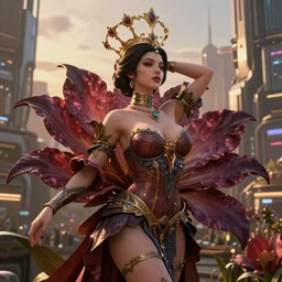 Beautiful 3d render of the flower queen in a sensual pose, atmospheric lighting, painted, intricate, volumetric lighting, beautiful, rich deep colours masterpiece, golden hour, sharp focus, ultra detailed, in the style of Dan Mumford and Johfra Bosschart, with a crowded futuristic cyberpunk city in the background, astrophotgraphy
