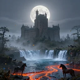 old castle rising up from the mist in the morning silhouetted by a single huge moon, crystal lake, waterfall, realistic, matte painting, unreal engine, 8k, wide angle, f12, butterflies, horses,  anders zorn, thomas kincade, trending on artstation, lava, dungeons and dragons, fun, happy