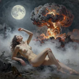 One Thousand Years Of Longing,illustration, chaotic, sexy, mist, volumetric lighting, Eros, a nuclear explosion background, a moon, soft lighting, soft details, painting oil on canvas by Edmund Blair Leighton and Charlie Bowater octane render, HDR, trending on artstation, 4k, 8k, HD
