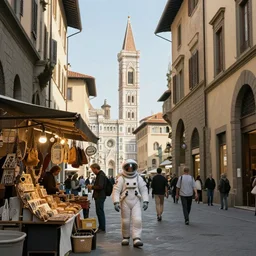 a time traveller astronaut shopping at ancient renaissance florence street vendors, rule of thirds, serene, nvidia, by wlop, peter mohrbacher, james jean, jakub rebelka, visually stunning, beautiful, masterpiece