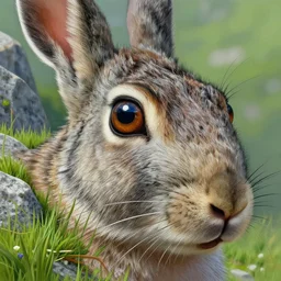 closeup of a hare granite and grass mountain path in avila, a detailed matte painting by dan mumford, deviantart contest winner, maximalism, 2 d game art, detailed painting, physically based rendering, eyes, reflections, hair and fur.